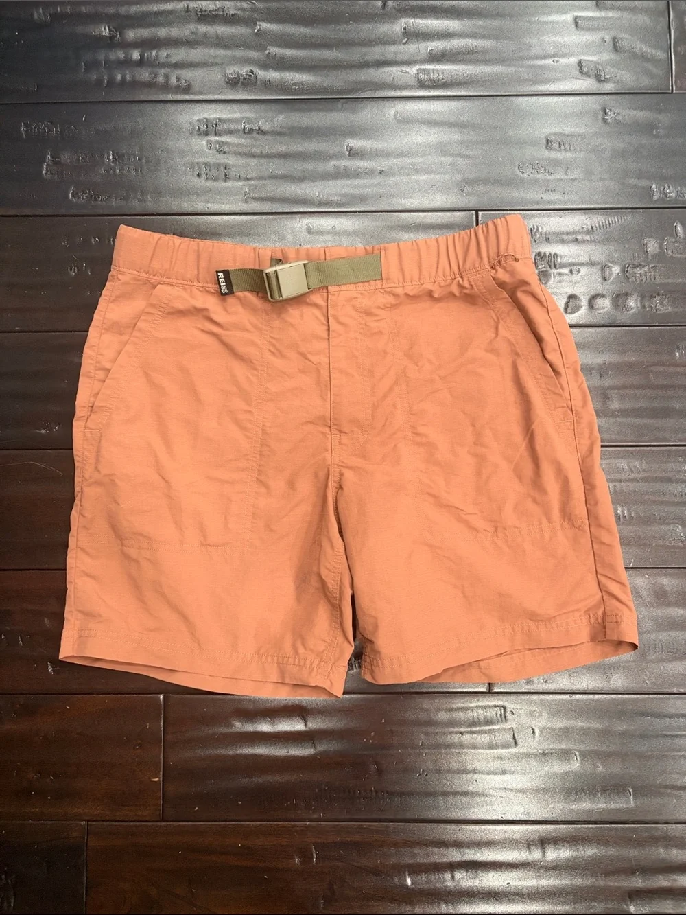 REI Men's Hybrid Shorts in Rust with Olive Webbing Belt